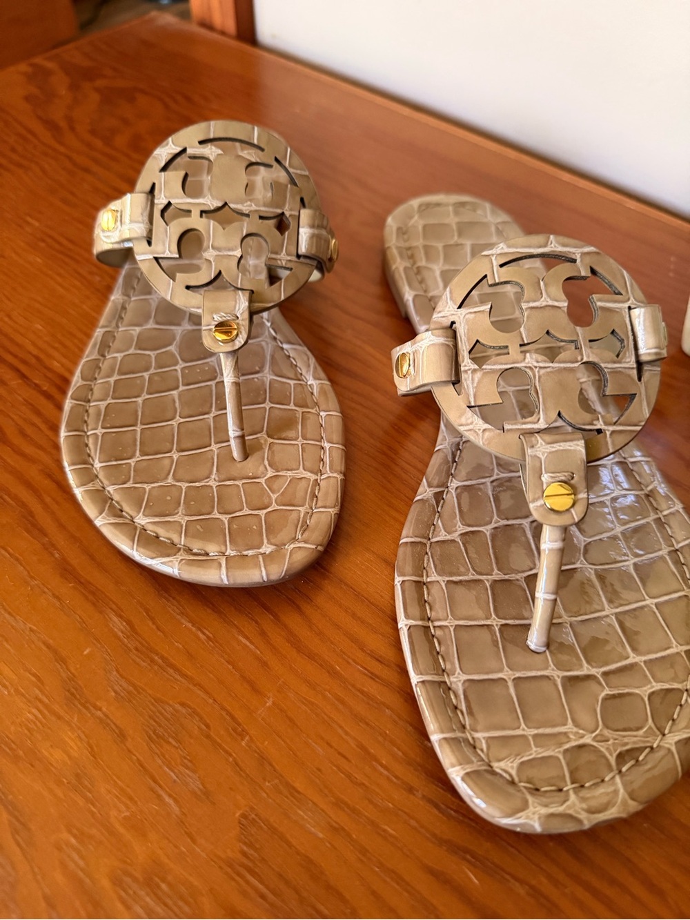Tory Burch Taupe Croc-Embossed Logo Thong Sandals with Gold Accents